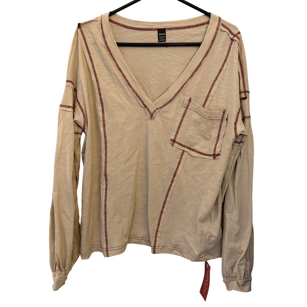 SHEIN Long Sleeve Top Womens S Beige NEW‎ Boho Contrast Stitch V-Neck Pocket
